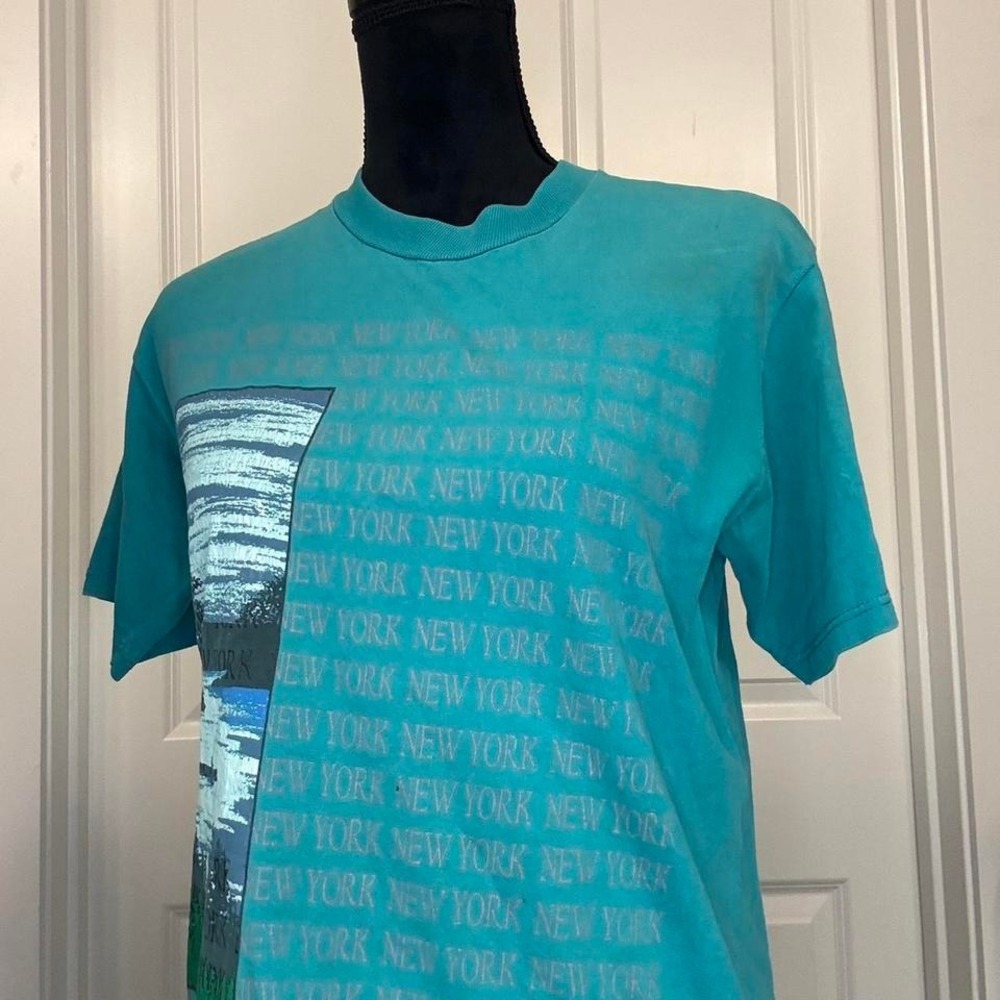 Vintage Jerzees New York Graphic Tee USA Made Teal 90s‎ NYC Shirt M - Picture 2 of 5
